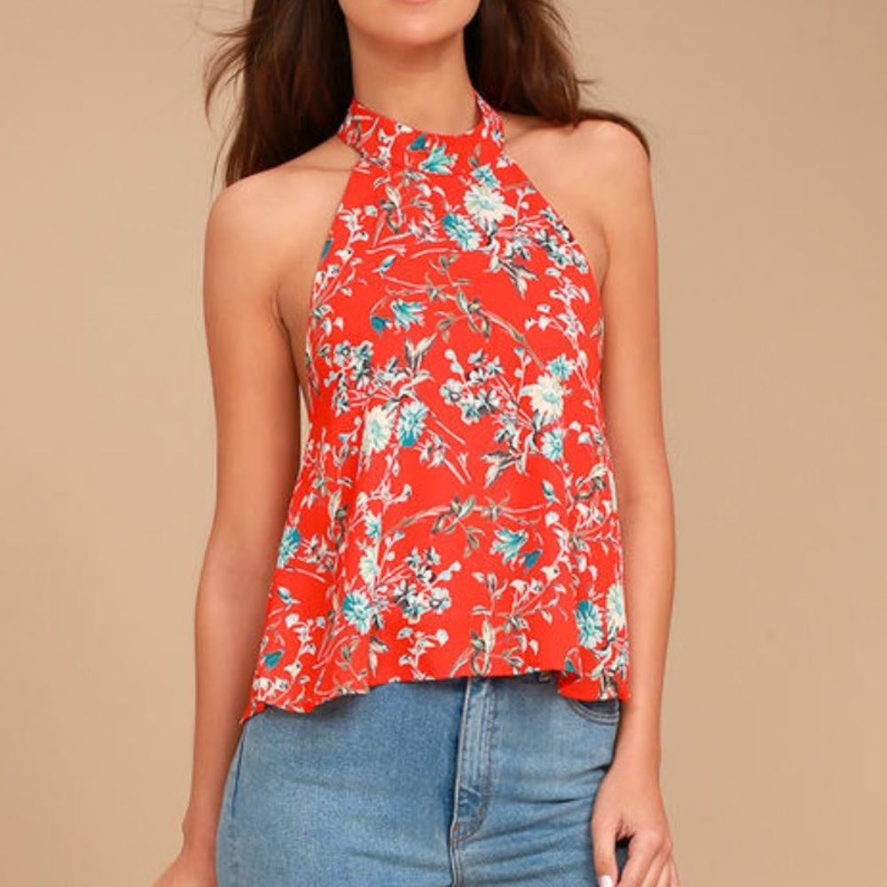 Poppy Parade Coral Red Floral Print Halter Top